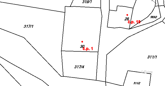 Stradov 1, Komařice na parcele st. 30 v KÚ Sedlo u Komařic, Katastrální mapa