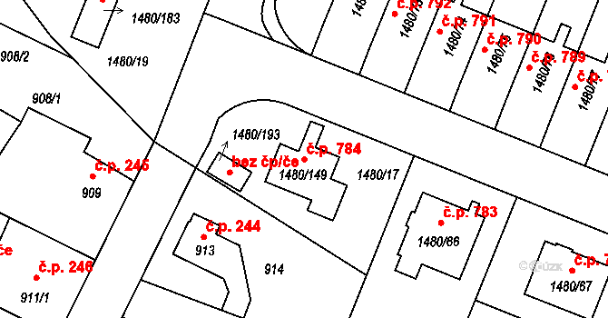 Bechyně 784 na parcele st. 1480/149 v KÚ Bechyně, Katastrální mapa