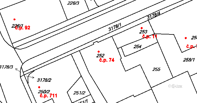 Planá nad Lužnicí 74 na parcele st. 252 v KÚ Planá nad Lužnicí, Katastrální mapa