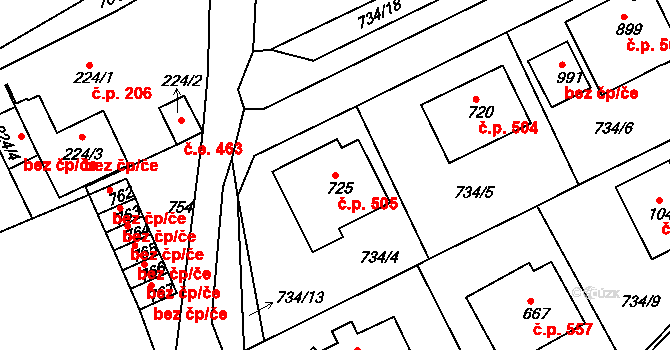 Bohosudov 505, Krupka na parcele st. 725 v KÚ Bohosudov, Katastrální mapa