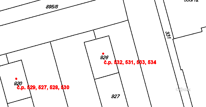 Ponava 531,532,533,534, Brno na parcele st. 926 v KÚ Ponava, Katastrální mapa