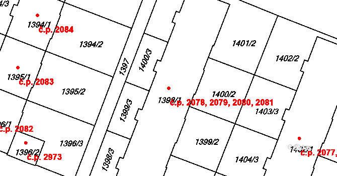 Tábor 2078,2079,2080,2081 na parcele st. 1398/1 v KÚ Tábor, Katastrální mapa