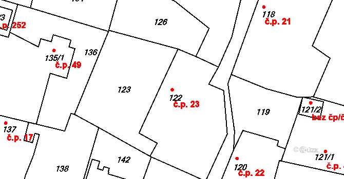 Velký Borek 23 na parcele st. 122 v KÚ Velký Borek, Katastrální mapa