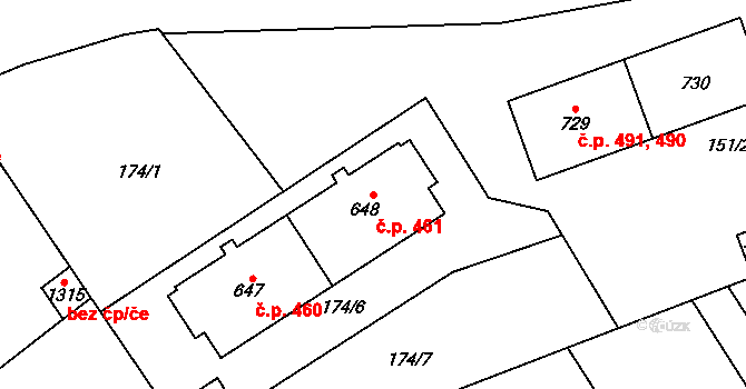 Chválkovice 461, Olomouc na parcele st. 648 v KÚ Chválkovice, Katastrální mapa