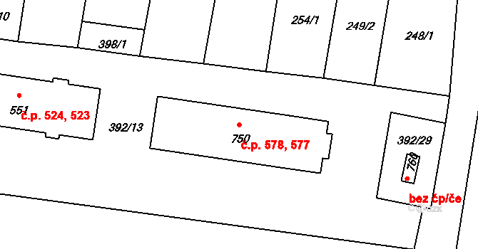 Okříšky 577,578 na parcele st. 750 v KÚ Okříšky, Katastrální mapa