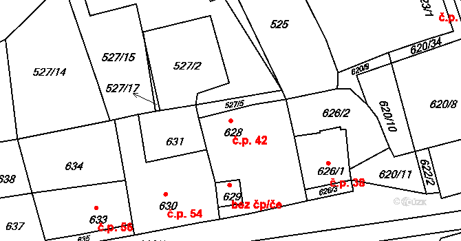 Okořín 42, Strupčice na parcele st. 628 v KÚ Strupčice, Katastrální mapa