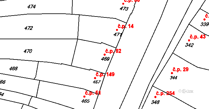 Milešovice 52 na parcele st. 469 v KÚ Milešovice, Katastrální mapa