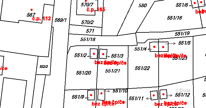 Fulnek 44871988 na parcele st. 551/3 v KÚ Jerlochovice, Katastrální mapa