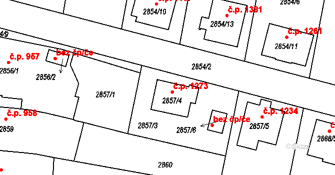 Třešť 1273 na parcele st. 2857/4 v KÚ Třešť, Katastrální mapa