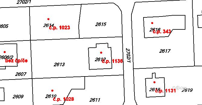 Horní Suchá 1136 na parcele st. 2612 v KÚ Horní Suchá, Katastrální mapa