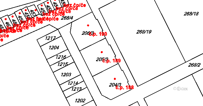 Velká Ves 189, Broumov na parcele st. 205/3 v KÚ Velká Ves u Broumova, Katastrální mapa