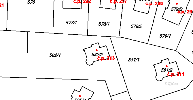 Jenišov 313 na parcele st. 582/2 v KÚ Jenišov, Katastrální mapa