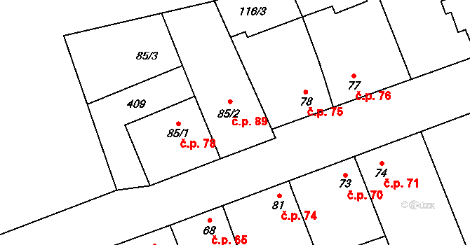 Nížebohy 89, Budyně nad Ohří na parcele st. 85/2 v KÚ Nížebohy, Katastrální mapa
