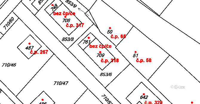 Obříství 318 na parcele st. 709 v KÚ Obříství, Katastrální mapa