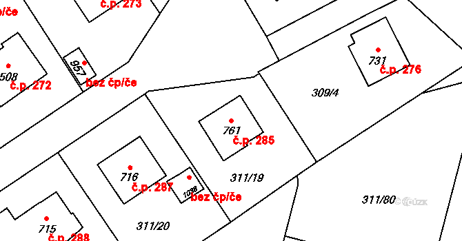 Vlachovo Březí 285 na parcele st. 761 v KÚ Vlachovo Březí, Katastrální mapa