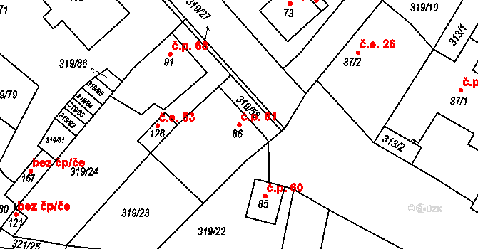 Dubice 61, Řehlovice na parcele st. 86 v KÚ Dubice nad Labem, Katastrální mapa
