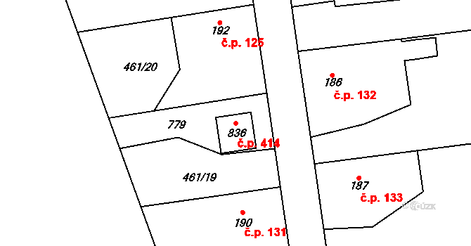 Třebotov 414 na parcele st. 836 v KÚ Třebotov, Katastrální mapa