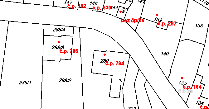 Klobouky u Brna 794 na parcele st. 289 v KÚ Klobouky u Brna, Katastrální mapa