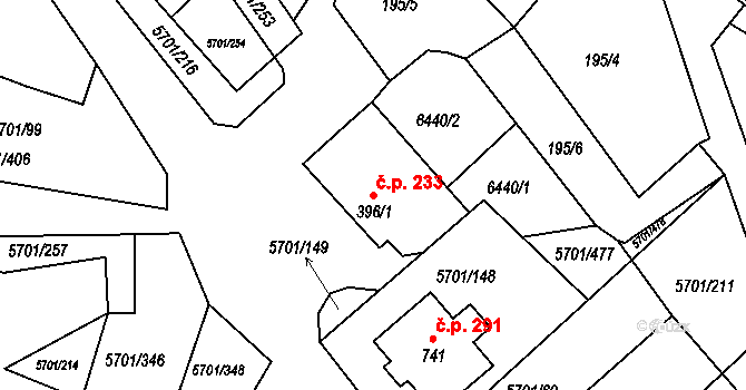 Hrádek 233 na parcele st. 396/1 v KÚ Hrádek u Znojma, Katastrální mapa