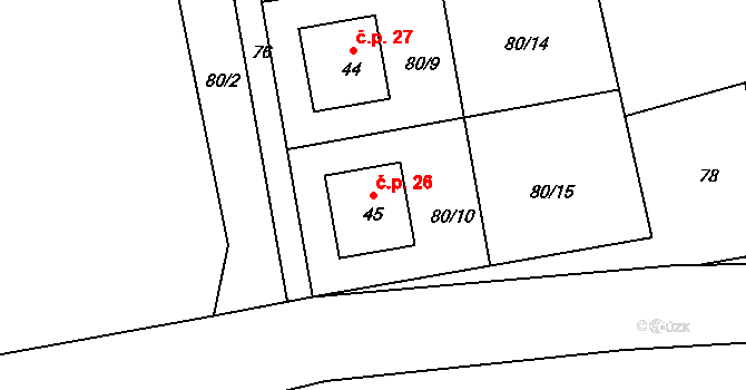 Dolní Miletín 26, Lišov na parcele st. 45 v KÚ Dolní Miletín, Katastrální mapa