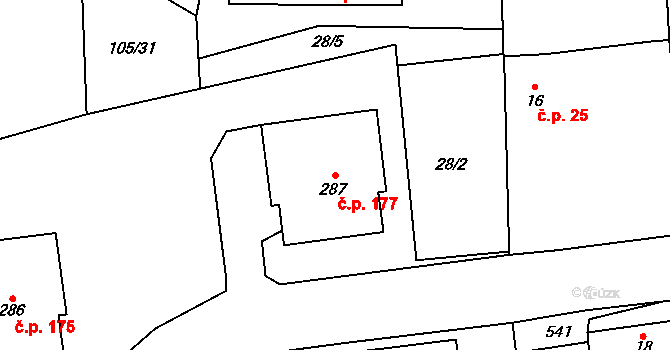 Tmaň 177 na parcele st. 287 v KÚ Tmaň, Katastrální mapa