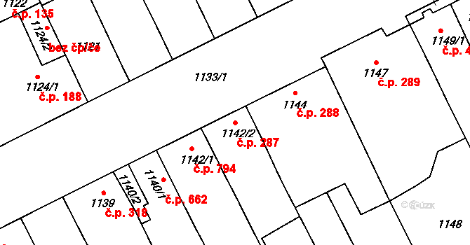 Lužice 287 na parcele st. 1142/2 v KÚ Lužice u Hodonína, Katastrální mapa
