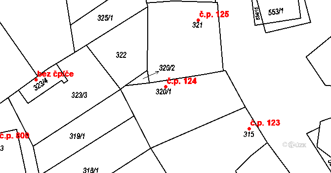 Šardice 124 na parcele st. 320/1 v KÚ Šardice, Katastrální mapa