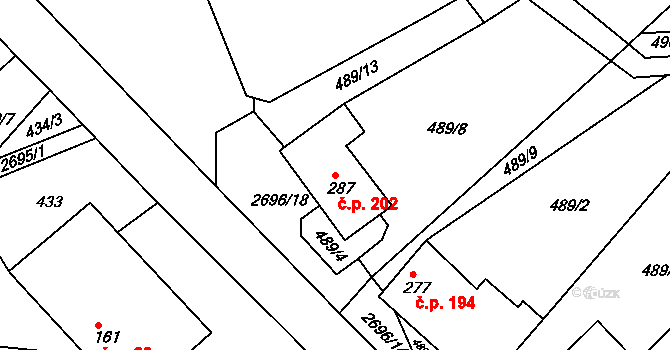 Korouhev 202 na parcele st. 287 v KÚ Korouhev, Katastrální mapa