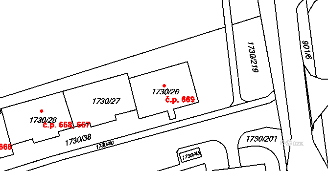 Miřetice u Klášterce nad Ohří 669, Klášterec nad Ohří na parcele st. 1730/26 v KÚ Miřetice u Klášterce nad Ohří, Katastrální mapa