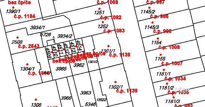 Břeclav 1138 na parcele st. 1301/1 v KÚ Břeclav, Katastrální mapa