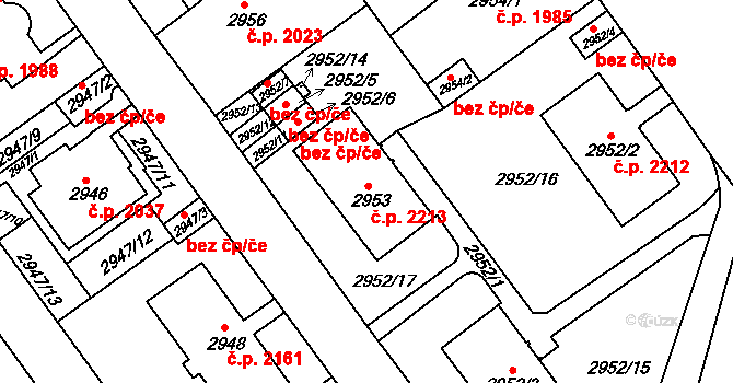 Teplice 2213 na parcele st. 2953 v KÚ Teplice, Katastrální mapa