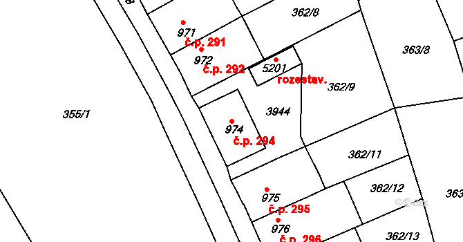 Plzeňské Předměstí 294, Rokycany na parcele st. 974 v KÚ Rokycany, Katastrální mapa