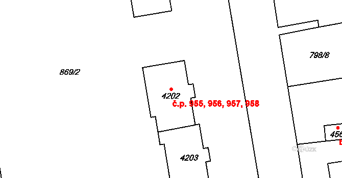 Plzeňské Předměstí 955,956,957,958, Rokycany na parcele st. 4202 v KÚ Rokycany, Katastrální mapa
