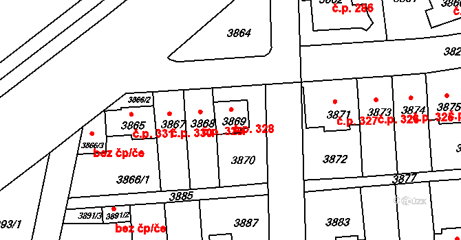 Záběhlice 328, Praha na parcele st. 3869 v KÚ Záběhlice, Katastrální mapa