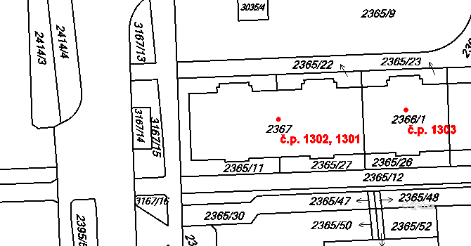 Chodov 1301,1302, Praha na parcele st. 2367 v KÚ Chodov, Katastrální mapa