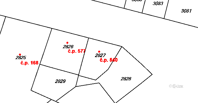 Smíchov 540, Praha na parcele st. 2827 v KÚ Smíchov, Katastrální mapa