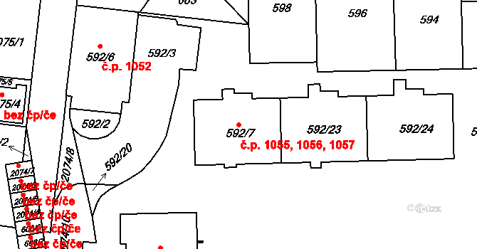 Košíře 1055,1056,1057, Praha na parcele st. 592/7 v KÚ Košíře, Katastrální mapa
