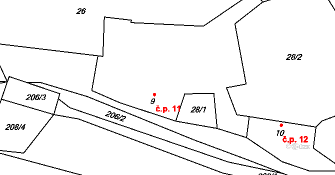 Skalice 11, Nečín na parcele st. 9 v KÚ Skalice u Dobříše, Katastrální mapa