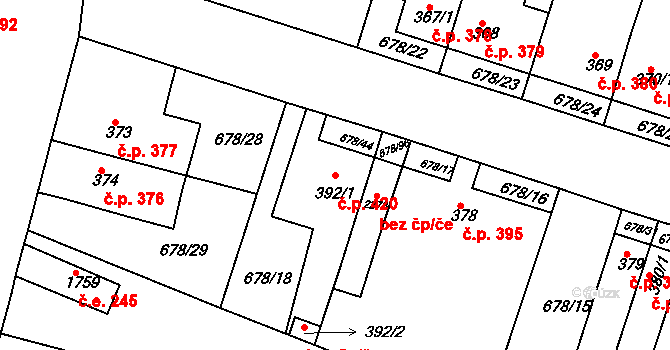Rosice 420 na parcele st. 392/1 v KÚ Rosice u Brna, Katastrální mapa