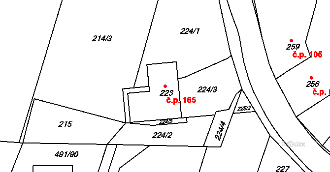 Kanice 165 na parcele st. 223 v KÚ Kanice, Katastrální mapa