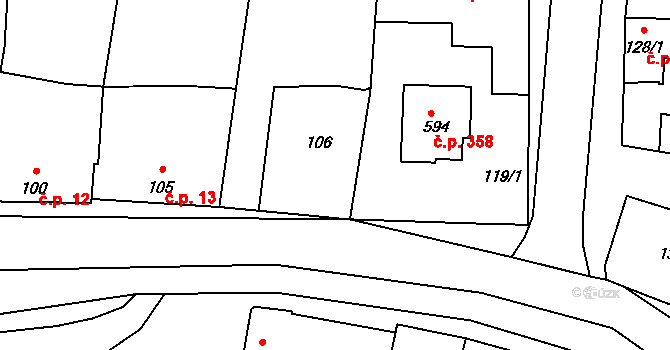 Louky 14, Zlín na parcele st. 106 v KÚ Louky nad Dřevnicí, Katastrální mapa