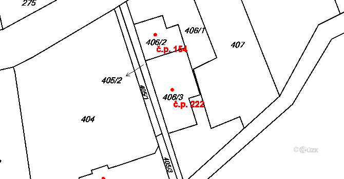 Řícmanice 222 na parcele st. 406/3 v KÚ Řícmanice, Katastrální mapa