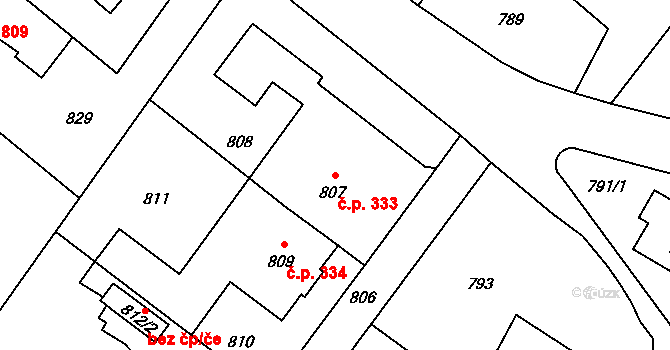 Kopřivnice 333 na parcele st. 807/1 v KÚ Kopřivnice, Katastrální mapa