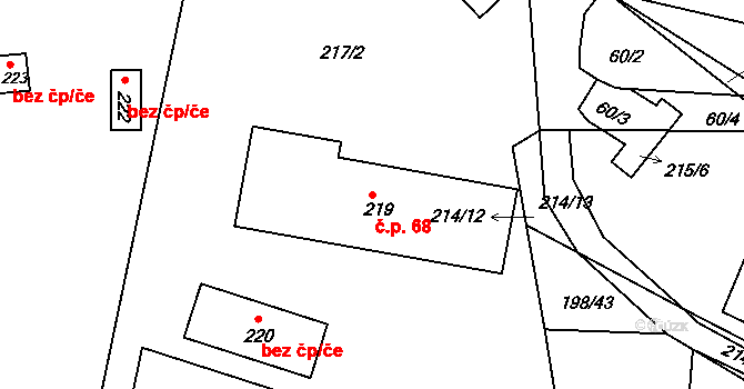 Milonice 68 na parcele st. 219 v KÚ Milonice u Lipůvky, Katastrální mapa