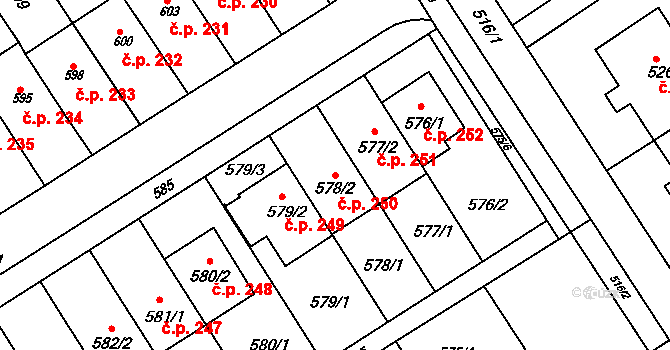 Pustiměřské Prusy 250, Pustiměř na parcele st. 578/2 v KÚ Pustiměř, Katastrální mapa