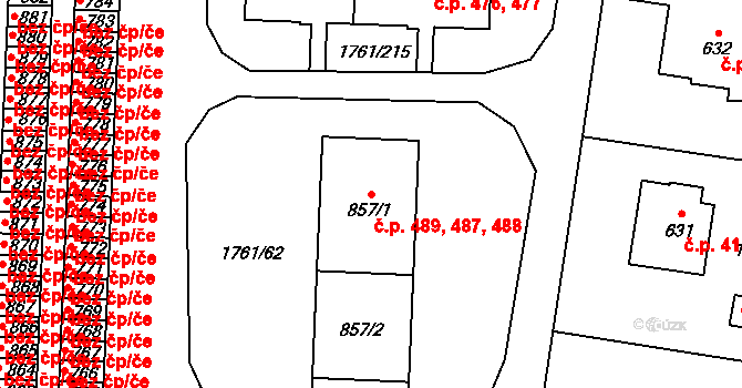 Horní Bříza 487,488,489 na parcele st. 857/1 v KÚ Horní Bříza, Katastrální mapa