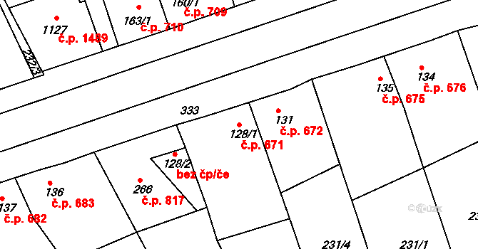 Rudná 671 na parcele st. 128/1 v KÚ Hořelice, Katastrální mapa