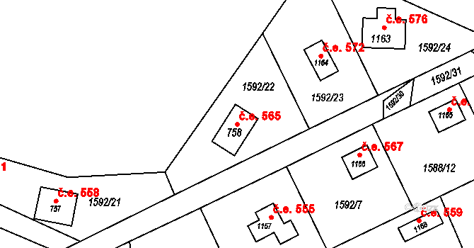 Studené 565, Jílové u Prahy na parcele st. 758 v KÚ Jílové u Prahy, Katastrální mapa