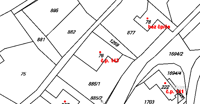 Hrabišín 143 na parcele st. 76 v KÚ Hrabišín, Katastrální mapa