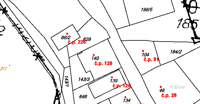 Krušovice 126 na parcele st. 140 v KÚ Krušovice, Katastrální mapa